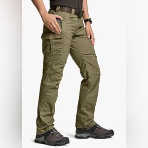 Women’s Stretch Tactical Cargo Pants with Pockets in Color Soil Green, size 2L